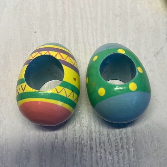 Vintage Hand-painted Wooden Easter Egg Napkin Rings Pastel lot of 6 Pink Blue - Picture 2 of 6